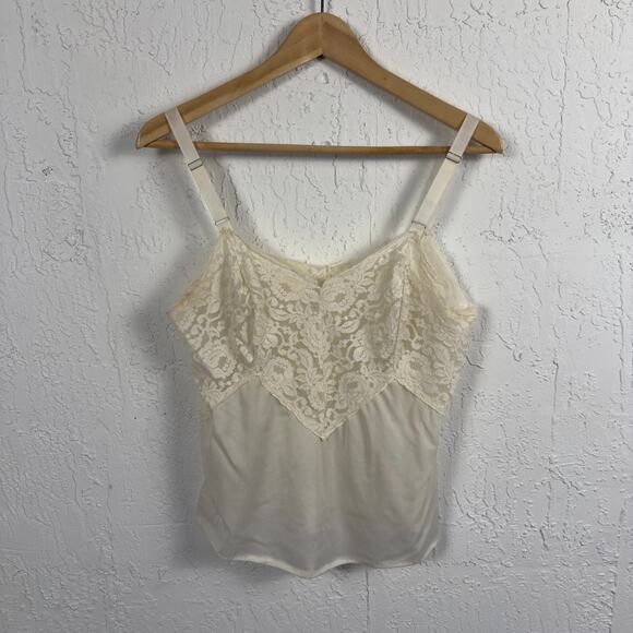 Vintage 70s Cream Lace Satin Cami Tank Top Adjustable Straps Cottagecore Small - Picture 1 of 4